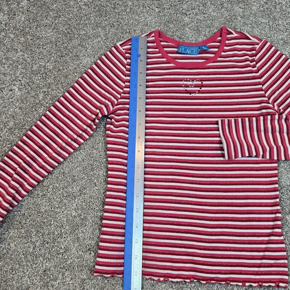 The Children's Place Girl's 7/8 Long Sleeve Shirt Sequin Heart Red/white Strip